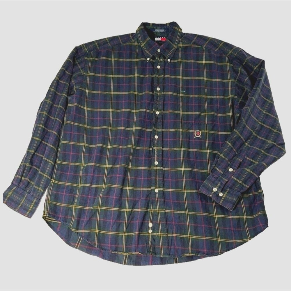 Tommy Hilfiger VTG 90s Mens Button Down Shirt XL Long Sleeve Plaid Crest